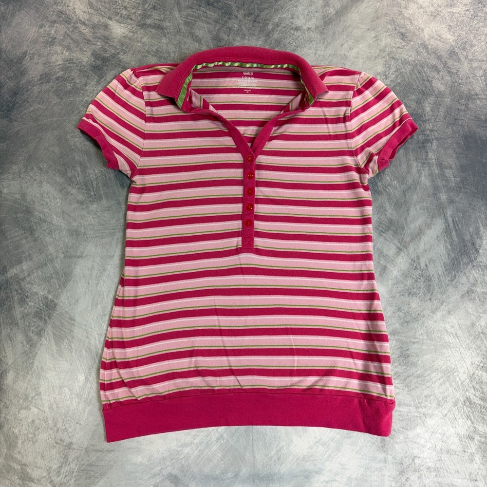 Y2K Faded Glory Polo Shirt Womens Small S Pink Striped Short Sleeve Henley Top